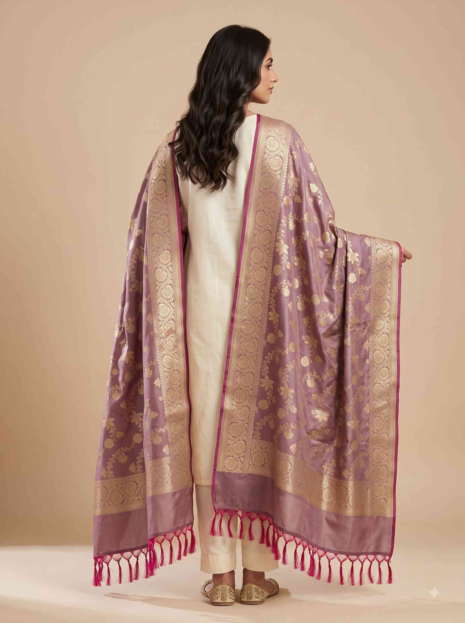 Wine Semi Kataan Silk Banarasi Dupatta