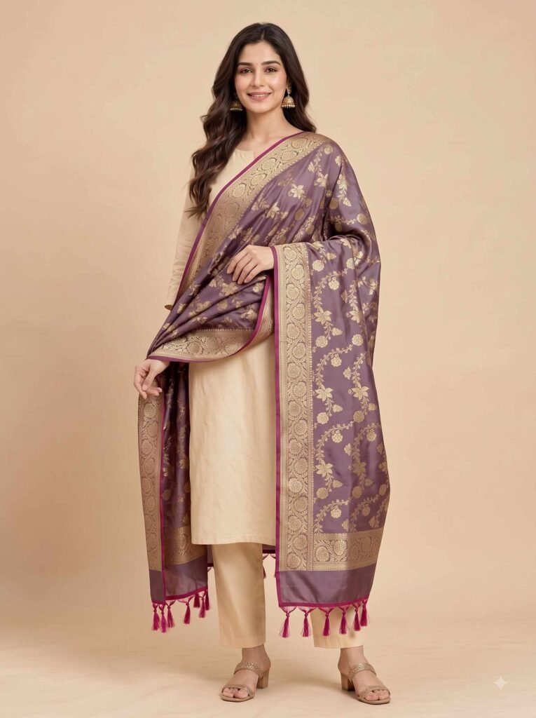 Premium wine Semi Kataan Silk Banarasi dupatta with golden zari floral jaal work, an ornate gold border and magenta-pink tassels.