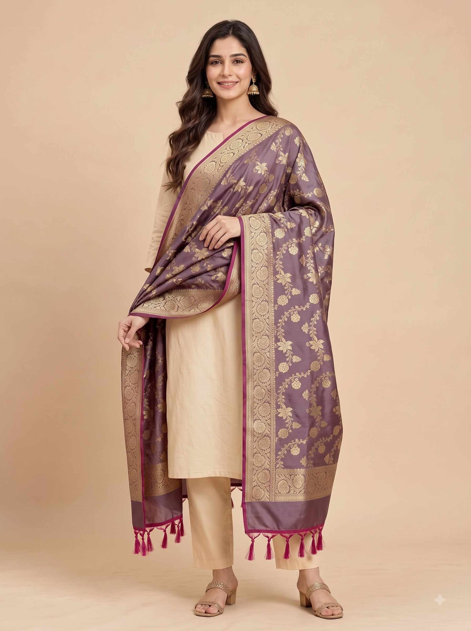 Wine Semi Kataan Silk Banarasi Dupatta